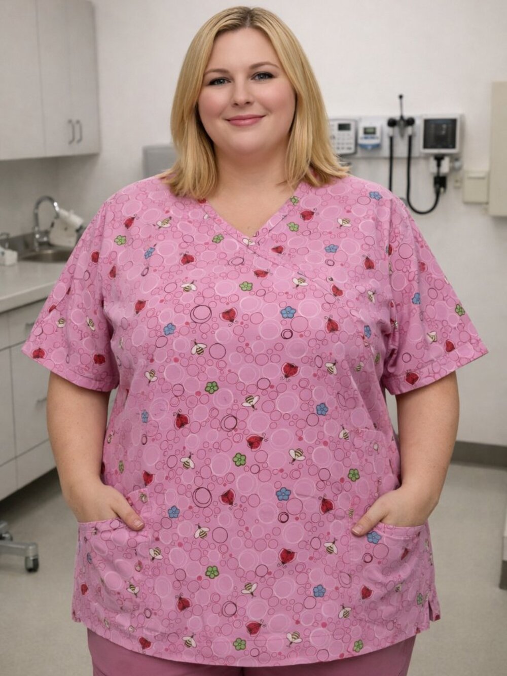 Bees, ladybugs and flowers pink scrub top
